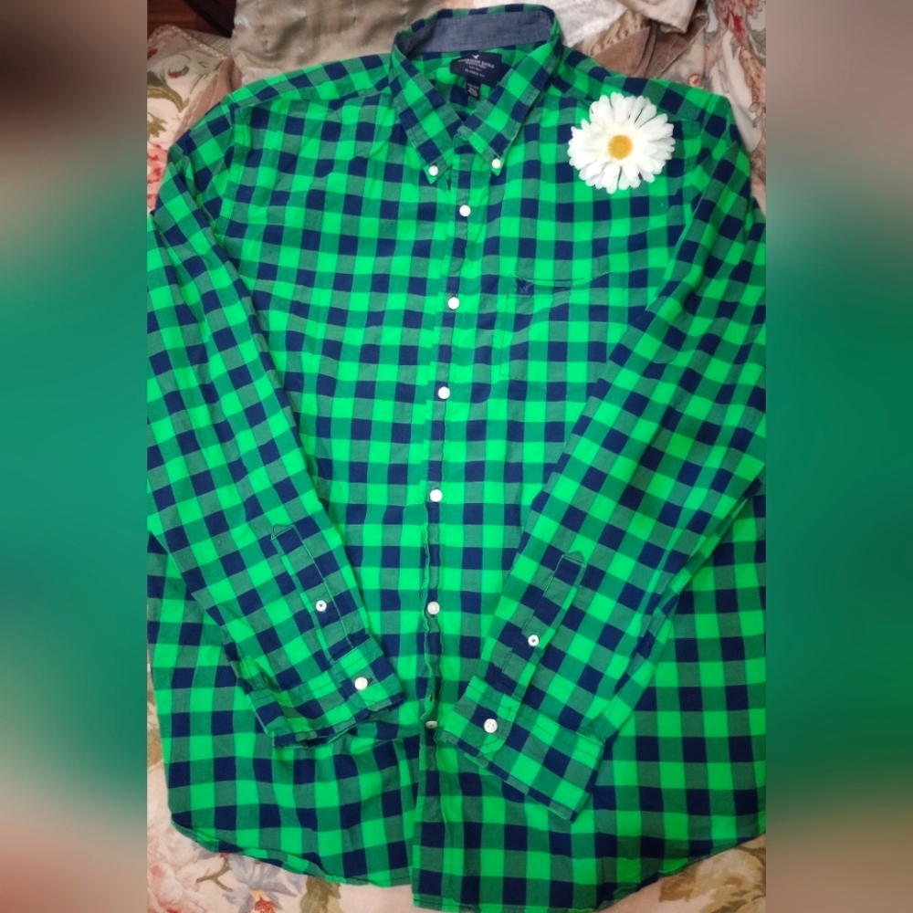 American Eagle 3XL Classic Fit Plaid LS Shirt Green Blue